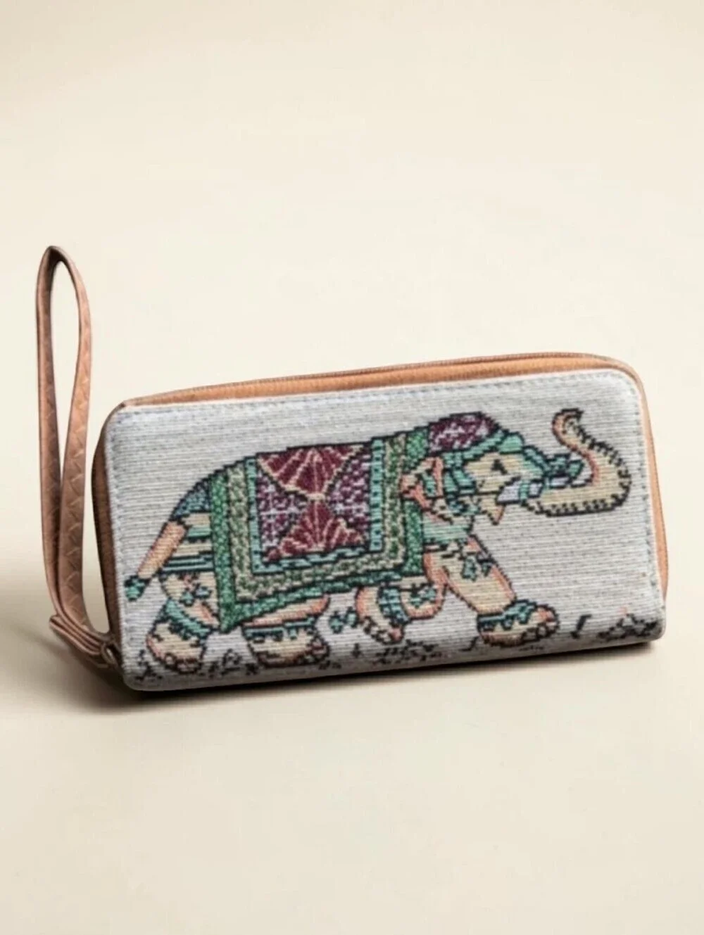 Boho Chic Elephant Embroidered Tapestry Zip Around Wallet Wristlet NEW